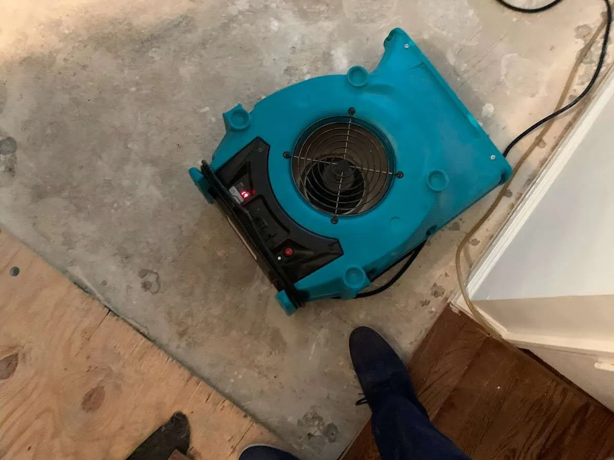 Air mover drying subfloor during Commercial Water Damage Restoration in Folcroft